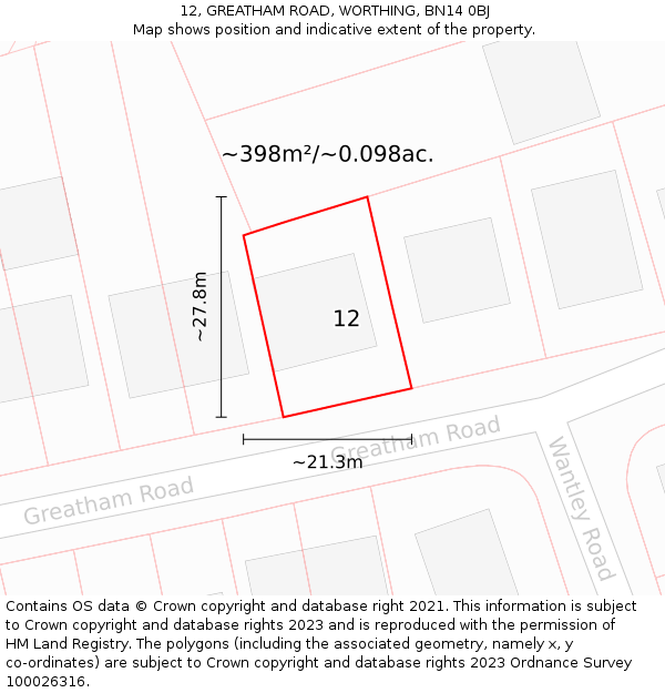 12, GREATHAM ROAD, WORTHING, BN14 0BJ: Plot and title map