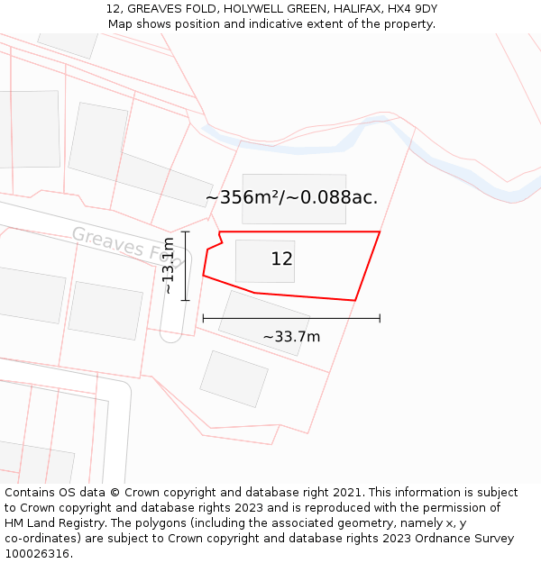 12, GREAVES FOLD, HOLYWELL GREEN, HALIFAX, HX4 9DY: Plot and title map