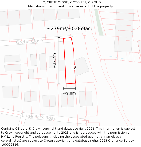 12, GREBE CLOSE, PLYMOUTH, PL7 2HQ: Plot and title map