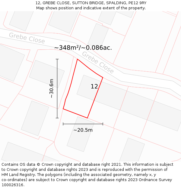 12, GREBE CLOSE, SUTTON BRIDGE, SPALDING, PE12 9RY: Plot and title map