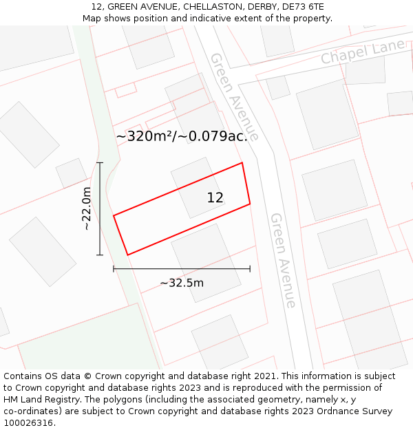 12, GREEN AVENUE, CHELLASTON, DERBY, DE73 6TE: Plot and title map