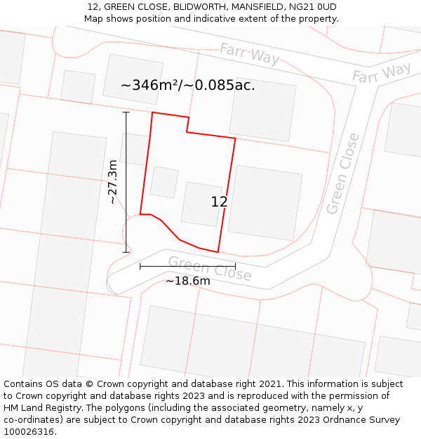 12, GREEN CLOSE, BLIDWORTH, MANSFIELD, NG21 0UD: Plot and title map