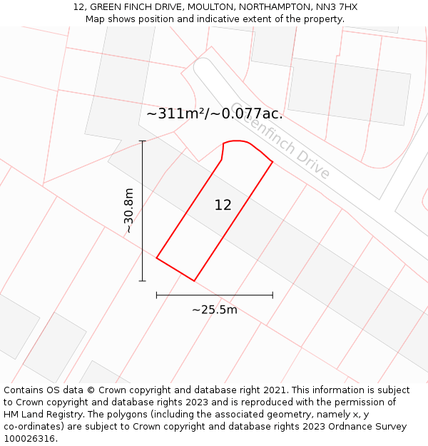 12, GREEN FINCH DRIVE, MOULTON, NORTHAMPTON, NN3 7HX: Plot and title map