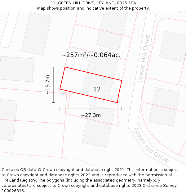 12, GREEN HILL DRIVE, LEYLAND, PR25 1EA: Plot and title map