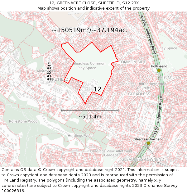 12, GREENACRE CLOSE, SHEFFIELD, S12 2RX: Plot and title map