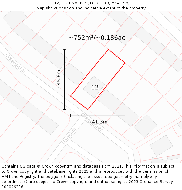 12, GREENACRES, BEDFORD, MK41 9AJ: Plot and title map