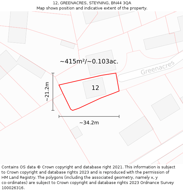12, GREENACRES, STEYNING, BN44 3QA: Plot and title map