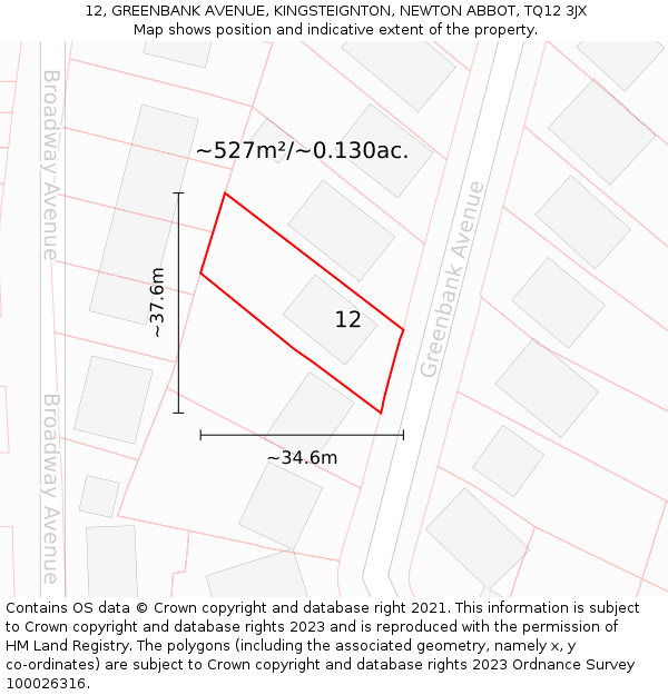 12, GREENBANK AVENUE, KINGSTEIGNTON, NEWTON ABBOT, TQ12 3JX: Plot and title map