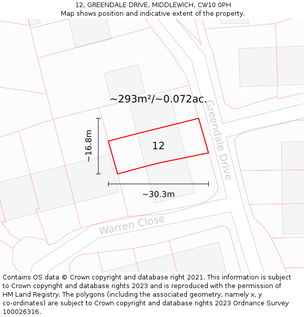 12, GREENDALE DRIVE, MIDDLEWICH, CW10 0PH: Plot and title map
