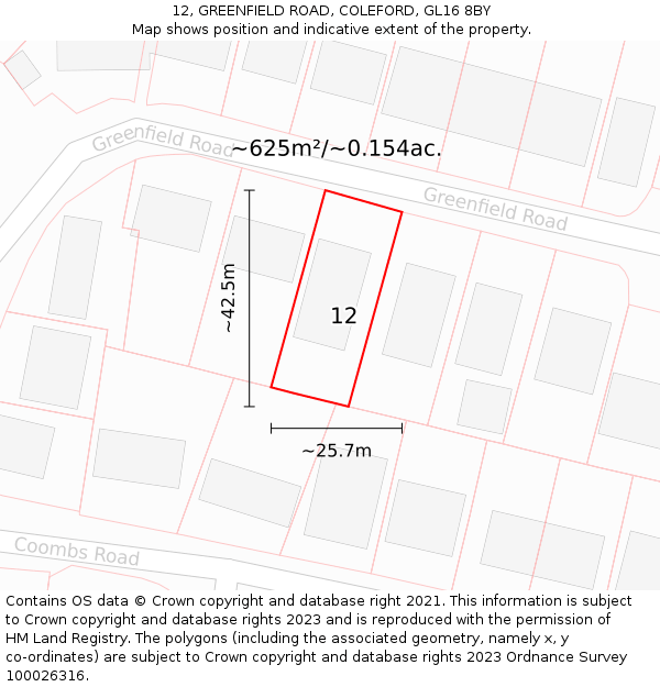 12, GREENFIELD ROAD, COLEFORD, GL16 8BY: Plot and title map