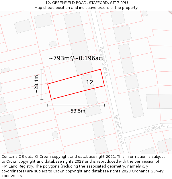 12, GREENFIELD ROAD, STAFFORD, ST17 0PU: Plot and title map