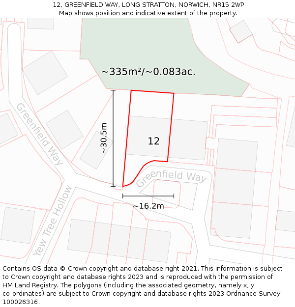 12, GREENFIELD WAY, LONG STRATTON, NORWICH, NR15 2WP: Plot and title map