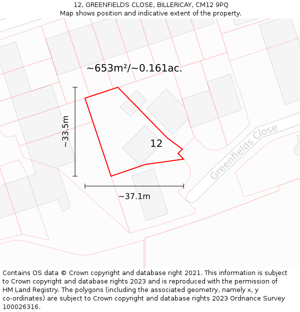 12, GREENFIELDS CLOSE, BILLERICAY, CM12 9PQ: Plot and title map