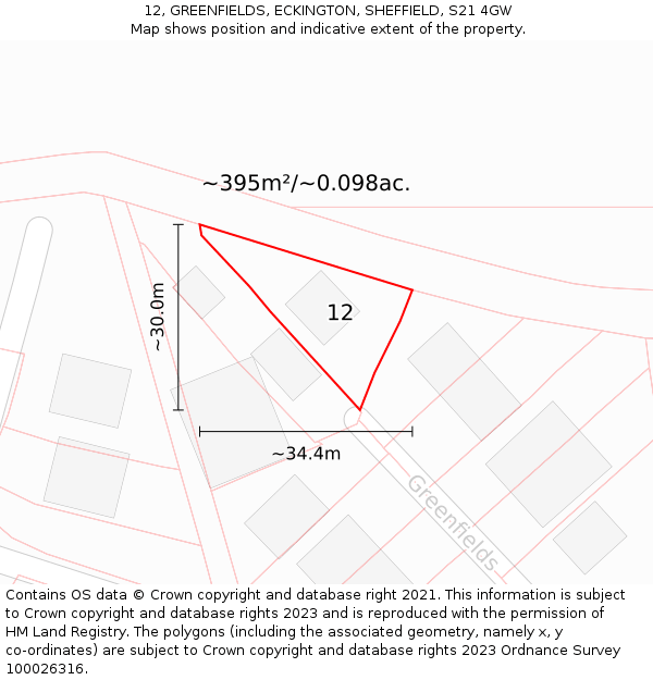 12, GREENFIELDS, ECKINGTON, SHEFFIELD, S21 4GW: Plot and title map