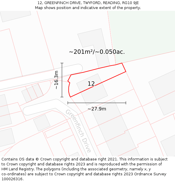 12, GREENFINCH DRIVE, TWYFORD, READING, RG10 9JE: Plot and title map