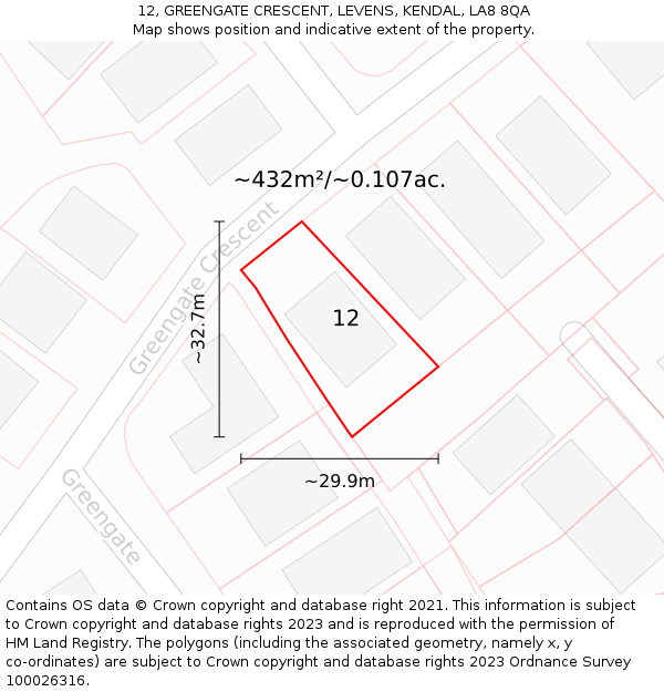 12, GREENGATE CRESCENT, LEVENS, KENDAL, LA8 8QA: Plot and title map