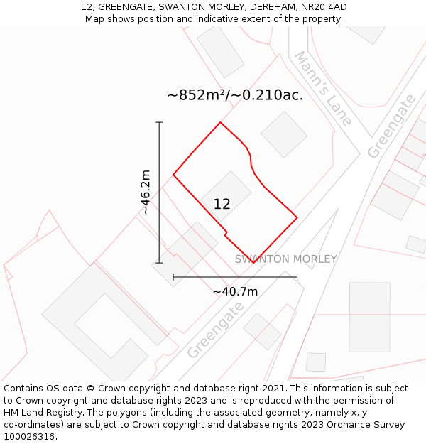 12, GREENGATE, SWANTON MORLEY, DEREHAM, NR20 4AD: Plot and title map