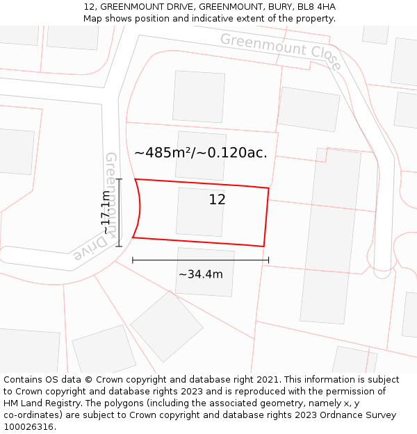 12, GREENMOUNT DRIVE, GREENMOUNT, BURY, BL8 4HA: Plot and title map