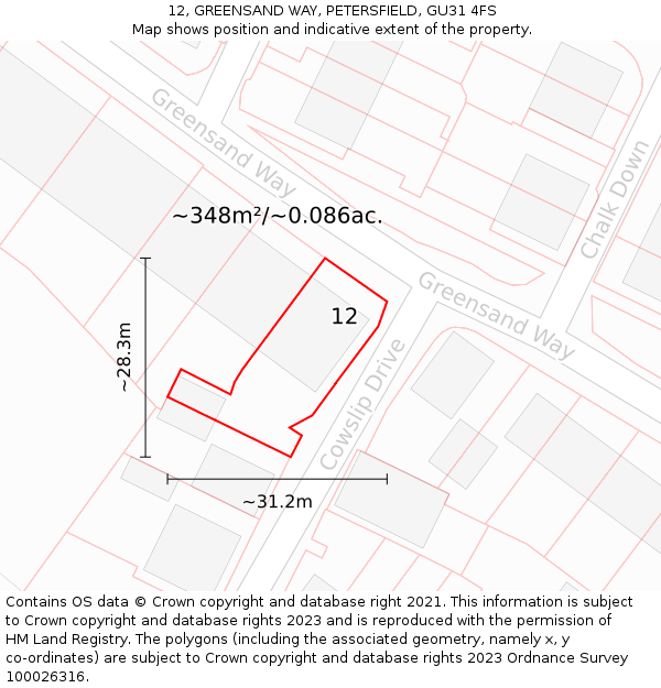 12, GREENSAND WAY, PETERSFIELD, GU31 4FS: Plot and title map