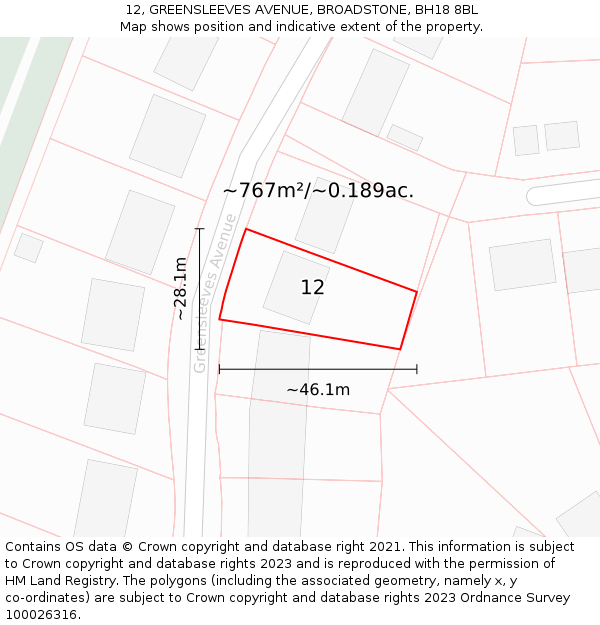 12, GREENSLEEVES AVENUE, BROADSTONE, BH18 8BL: Plot and title map