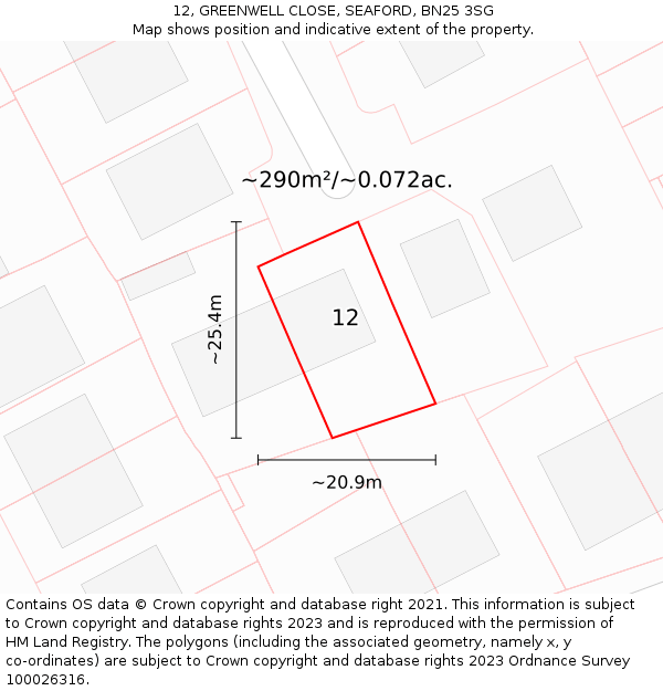 12, GREENWELL CLOSE, SEAFORD, BN25 3SG: Plot and title map