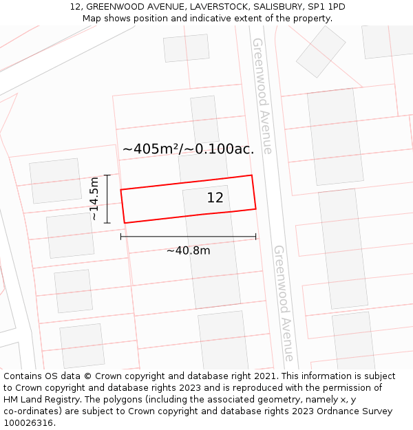 12, GREENWOOD AVENUE, LAVERSTOCK, SALISBURY, SP1 1PD: Plot and title map