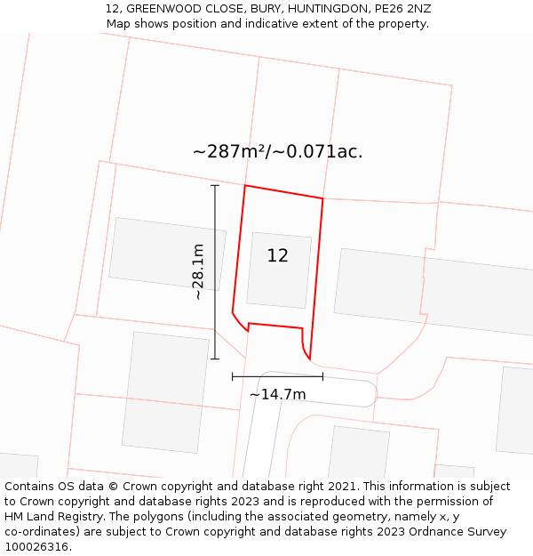 12, GREENWOOD CLOSE, BURY, HUNTINGDON, PE26 2NZ: Plot and title map
