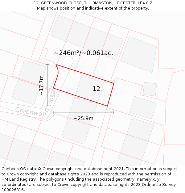 12, GREENWOOD CLOSE, THURMASTON, LEICESTER, LE4 8JZ: Plot and title map