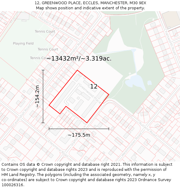 12, GREENWOOD PLACE, ECCLES, MANCHESTER, M30 9EX: Plot and title map