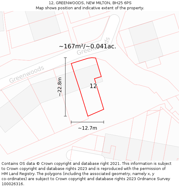 12, GREENWOODS, NEW MILTON, BH25 6PS: Plot and title map