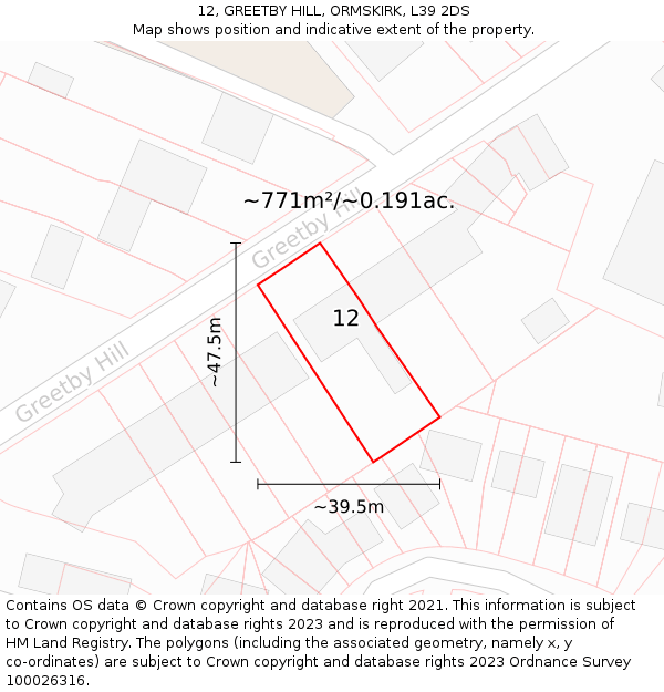 12, GREETBY HILL, ORMSKIRK, L39 2DS: Plot and title map