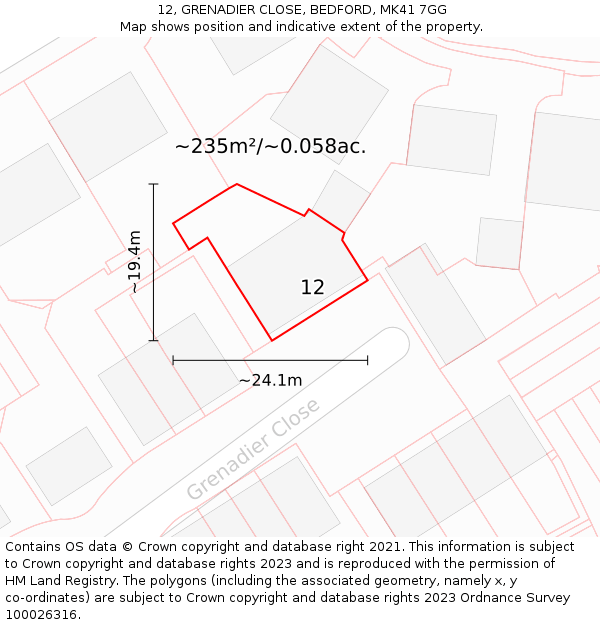 12, GRENADIER CLOSE, BEDFORD, MK41 7GG: Plot and title map