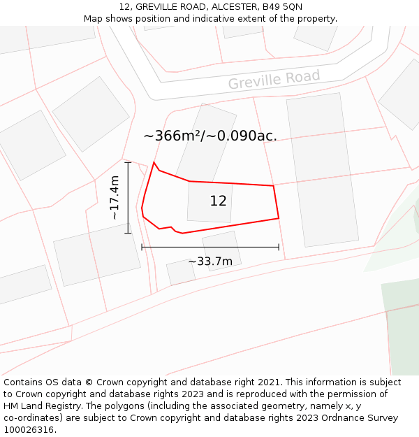 12, GREVILLE ROAD, ALCESTER, B49 5QN: Plot and title map