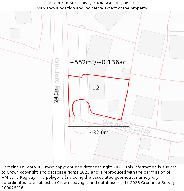 12, GREYFRIARS DRIVE, BROMSGROVE, B61 7LF: Plot and title map