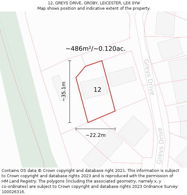 12, GREYS DRIVE, GROBY, LEICESTER, LE6 0YW: Plot and title map