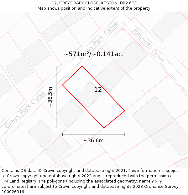 12, GREYS PARK CLOSE, KESTON, BR2 6BD: Plot and title map