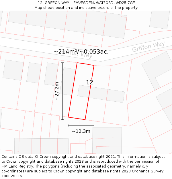 12, GRIFFON WAY, LEAVESDEN, WATFORD, WD25 7GE: Plot and title map