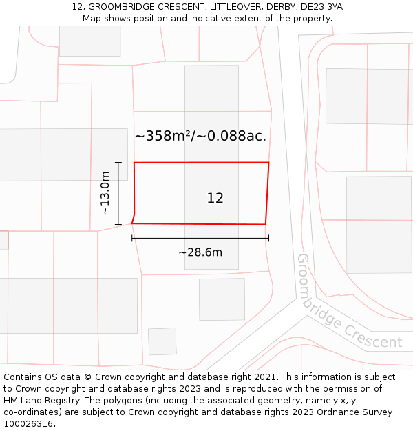 12, GROOMBRIDGE CRESCENT, LITTLEOVER, DERBY, DE23 3YA: Plot and title map