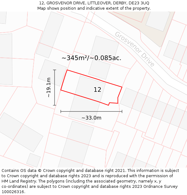12, GROSVENOR DRIVE, LITTLEOVER, DERBY, DE23 3UQ: Plot and title map