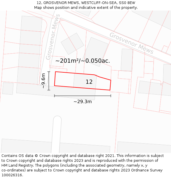 12, GROSVENOR MEWS, WESTCLIFF-ON-SEA, SS0 8EW: Plot and title map