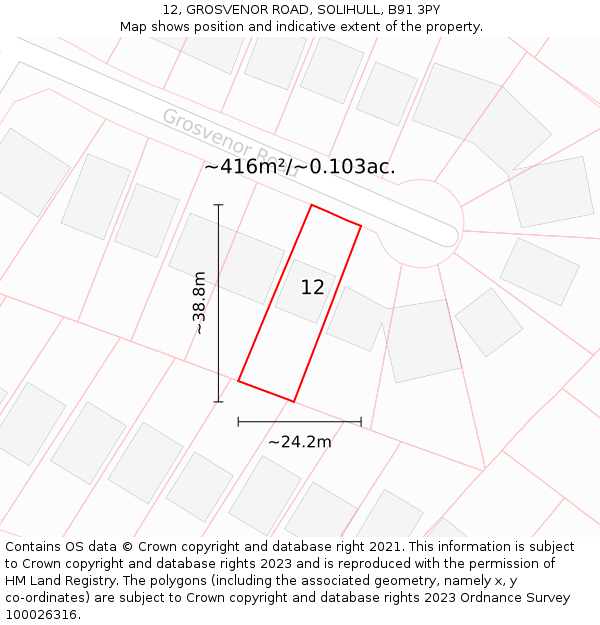 12, GROSVENOR ROAD, SOLIHULL, B91 3PY: Plot and title map