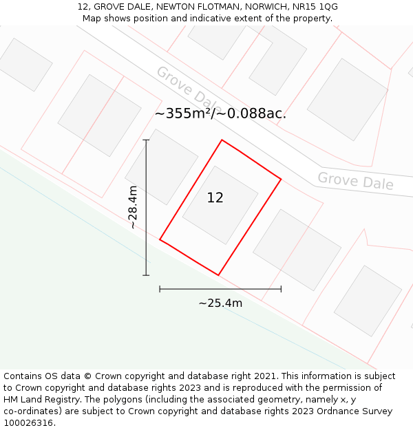 12, GROVE DALE, NEWTON FLOTMAN, NORWICH, NR15 1QG: Plot and title map