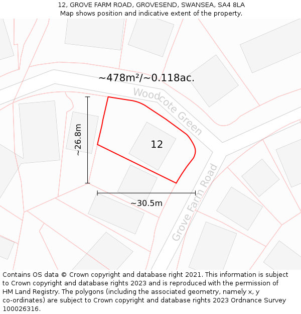 12, GROVE FARM ROAD, GROVESEND, SWANSEA, SA4 8LA: Plot and title map