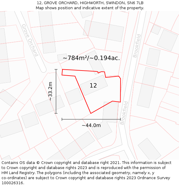 12, GROVE ORCHARD, HIGHWORTH, SWINDON, SN6 7LB: Plot and title map