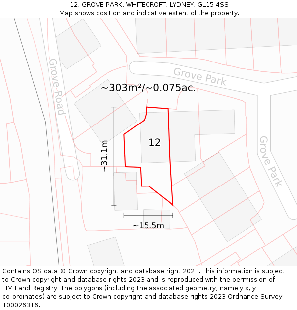 12, GROVE PARK, WHITECROFT, LYDNEY, GL15 4SS: Plot and title map