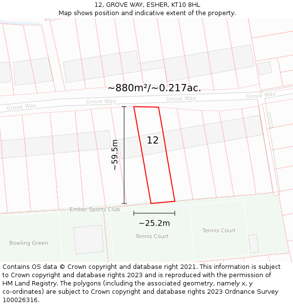 12, GROVE WAY, ESHER, KT10 8HL: Plot and title map