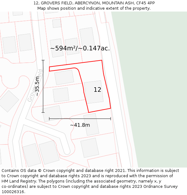 12, GROVERS FIELD, ABERCYNON, MOUNTAIN ASH, CF45 4PP: Plot and title map