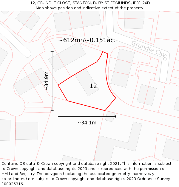 12, GRUNDLE CLOSE, STANTON, BURY ST EDMUNDS, IP31 2XD: Plot and title map