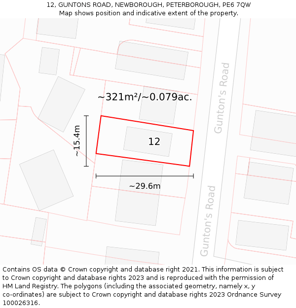 12, GUNTONS ROAD, NEWBOROUGH, PETERBOROUGH, PE6 7QW: Plot and title map