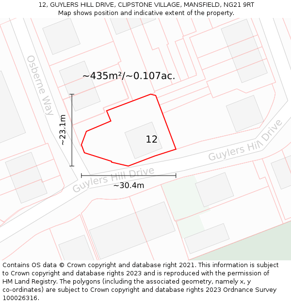12, GUYLERS HILL DRIVE, CLIPSTONE VILLAGE, MANSFIELD, NG21 9RT: Plot and title map